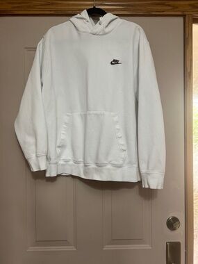 Nike Men's White Crewneck Pullover Hoodie with brown. Swoosh